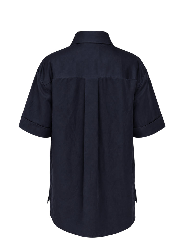 Lee Mathews Powell Short Sleeve Shirt in navy, featuring press-stud closure, turned-back cuffs, pointed collar, and a tonal chest pocket - view 2