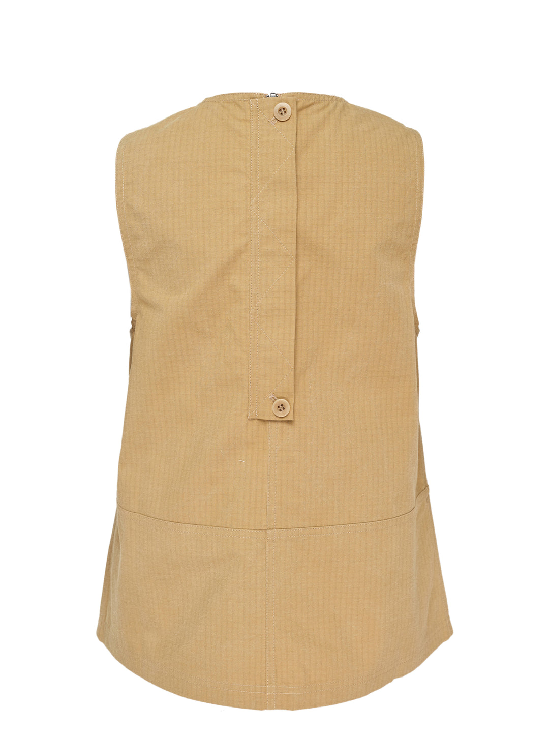 Lee Mathews Cecil Cotton Top in camel — sleeveless A-line woven top with fine stripe texture, centre seam, panel detailing, and back zip closure, shown front view - view 2