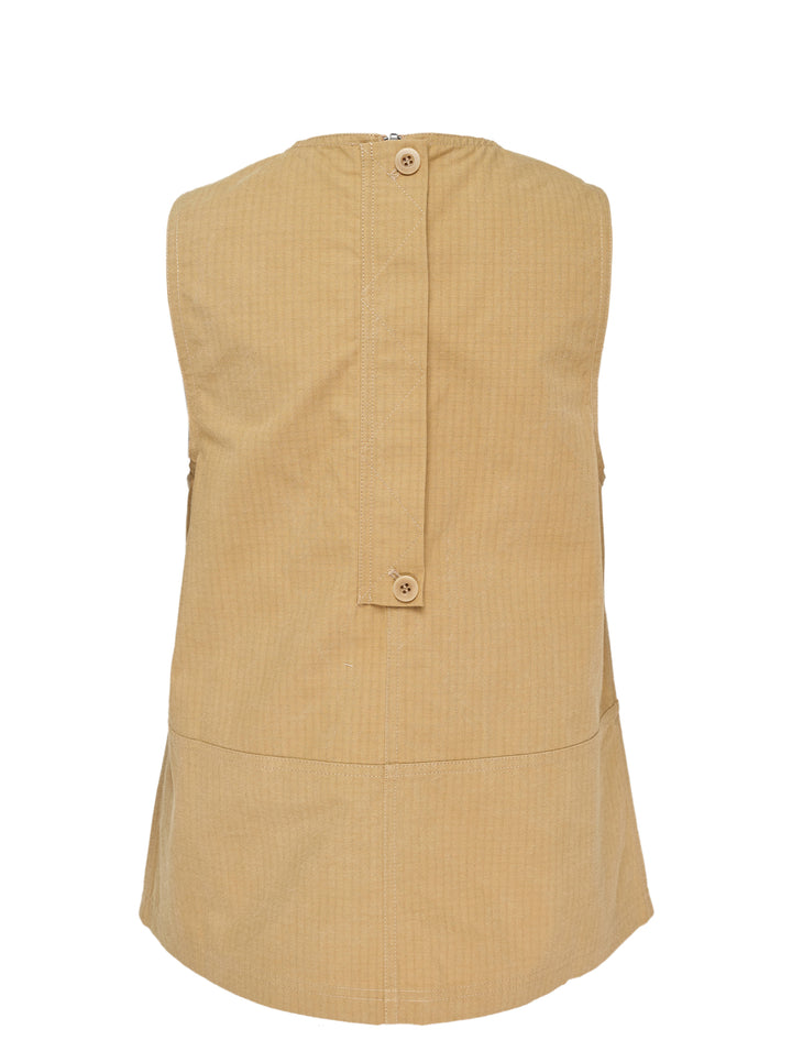 Lee Mathews Cecil Cotton Top in camel — sleeveless A-line woven top with fine stripe texture, centre seam, panel detailing, and back zip closure, shown front view - view 2