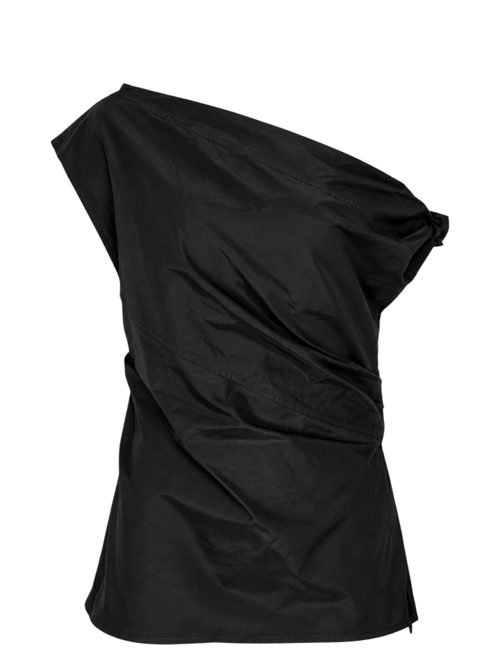 Lee Mathews Nina Silk Twist Top in black, featuring an asymmetric one-shoulder neckline and diagonal ruched twist draping across the body