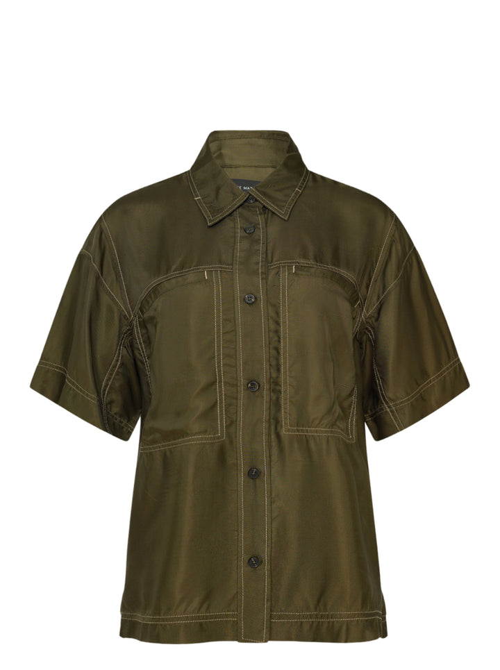 Lee Mathews Sloane Short Sleeve Shirt in olive green with white contrast topstitching, two patch chest pockets, and button-through front placket, displayed flat on white background