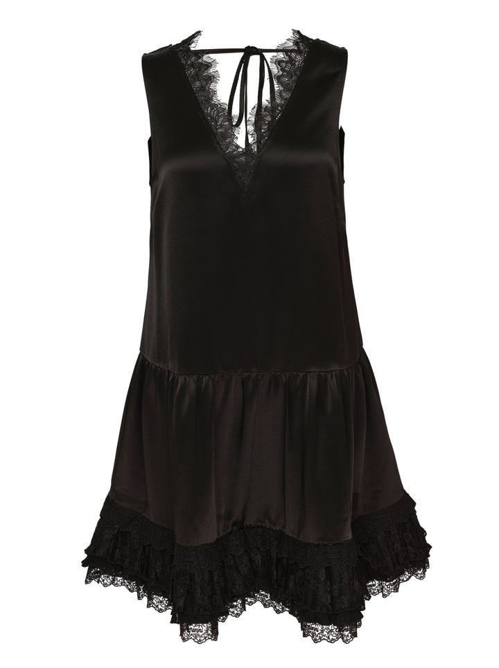 GANNI black fluid satin sleeveless mini dress with lace-trimmed V-neckline, tie back detail and tiered pleated lace ruffle hem