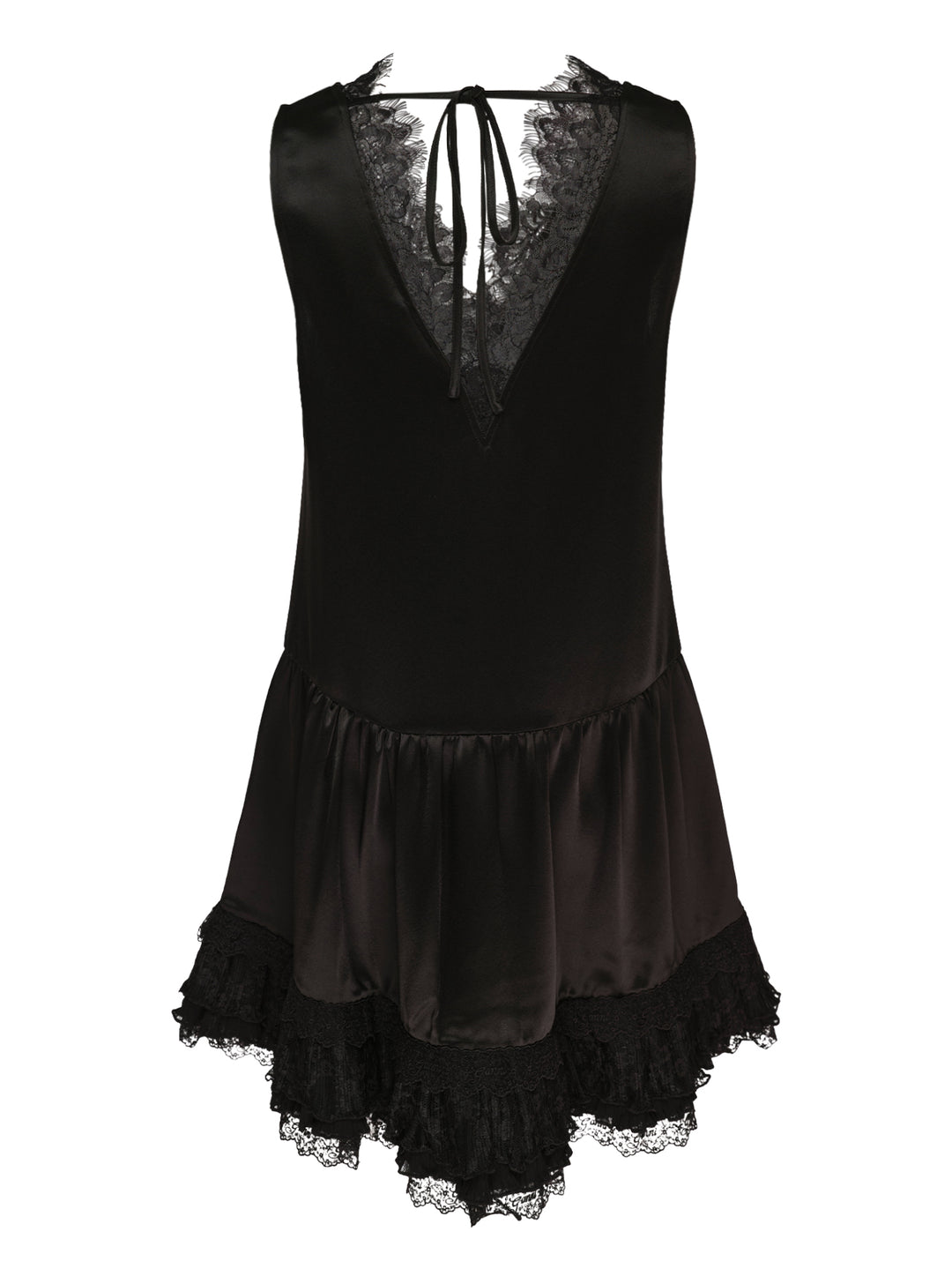 GANNI black fluid satin sleeveless mini dress with lace-trimmed V-neckline, tie back detail and tiered pleated lace ruffle hem - view 2