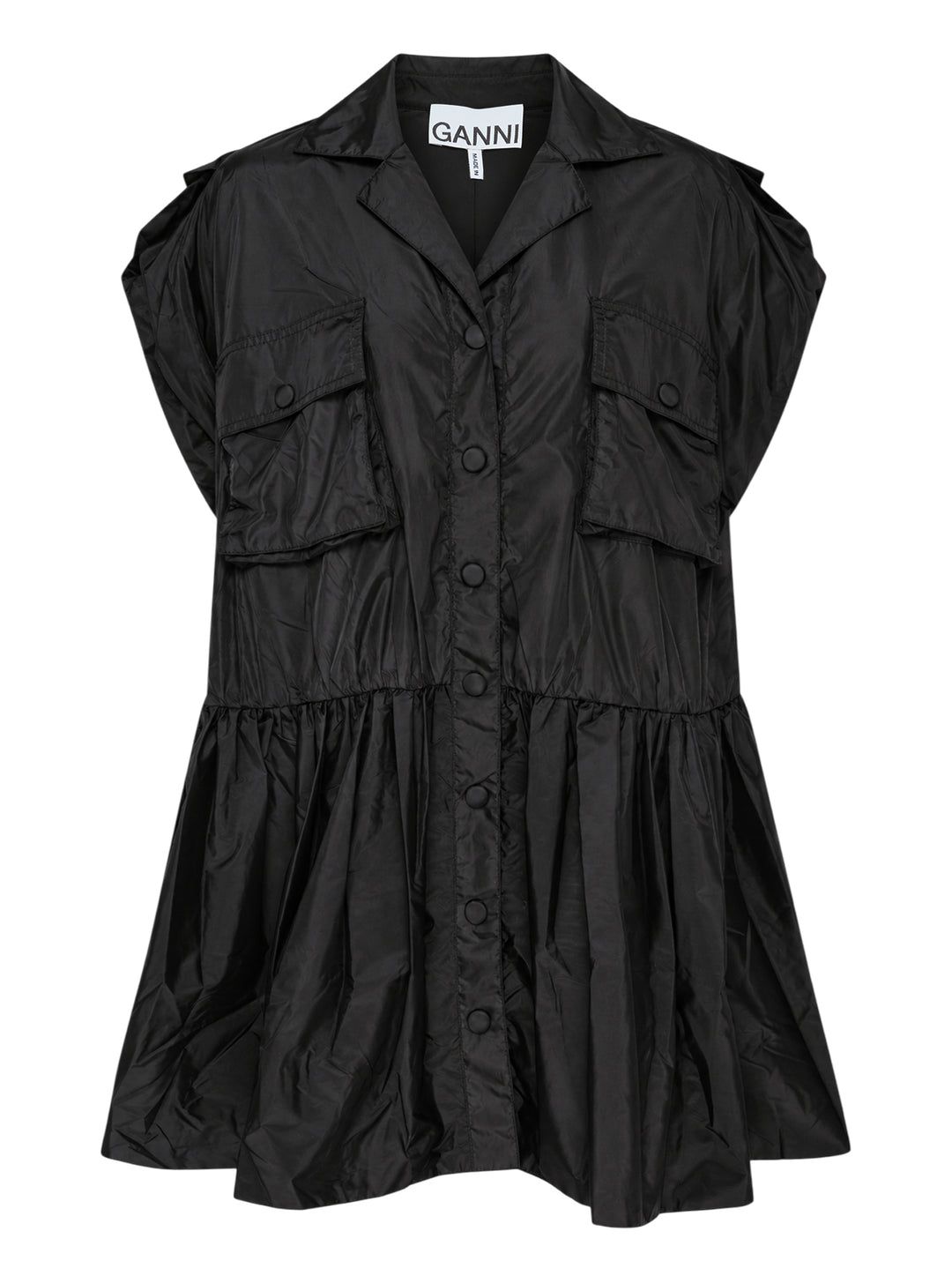 Ganni Flyweight Nylon Mini Utility Dress in black, featuring a camp collar, tonal snap button placket, oversized chest cargo pockets, and a gathered tiered flared skirt