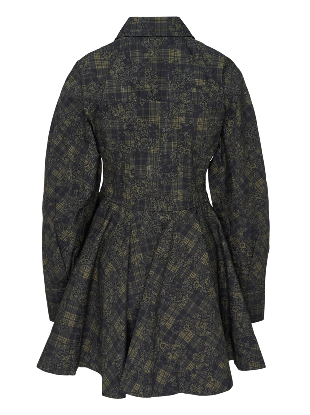 Ganni Printed Stretch Cotton Peplum Dress in dark green floral tartan, featuring a point collar, button-through front, and voluminous gathered skirt with ruffle hem - view 2