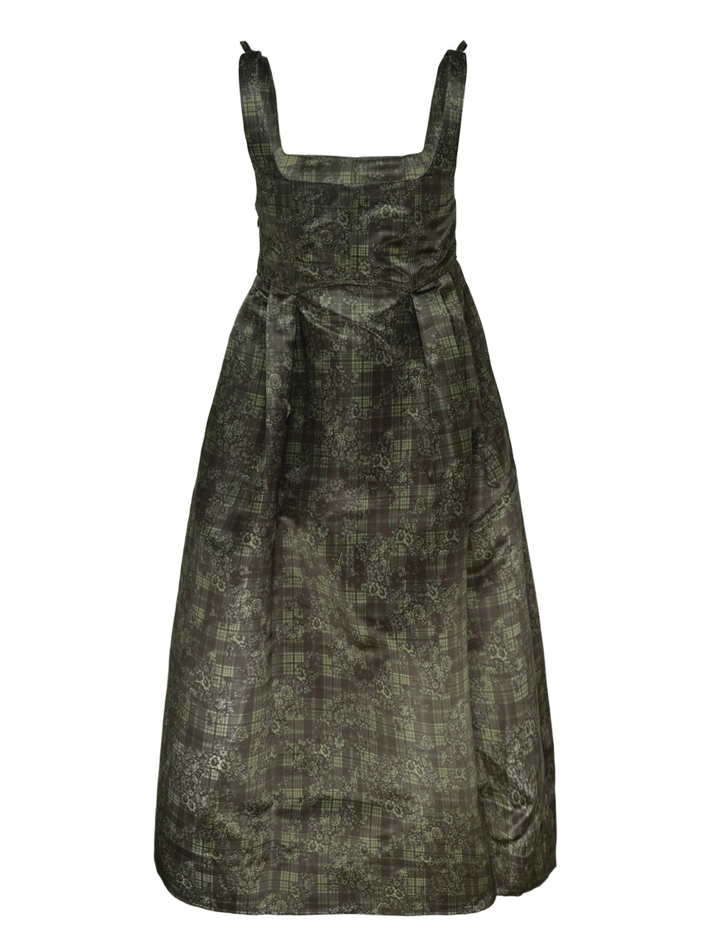 Ganni Printed Duchesse Satin Corset Dress in dark olive green plaid floral jacquard, featuring a square neckline, structured bodice, and full pleated A-line midi skirt - view 2