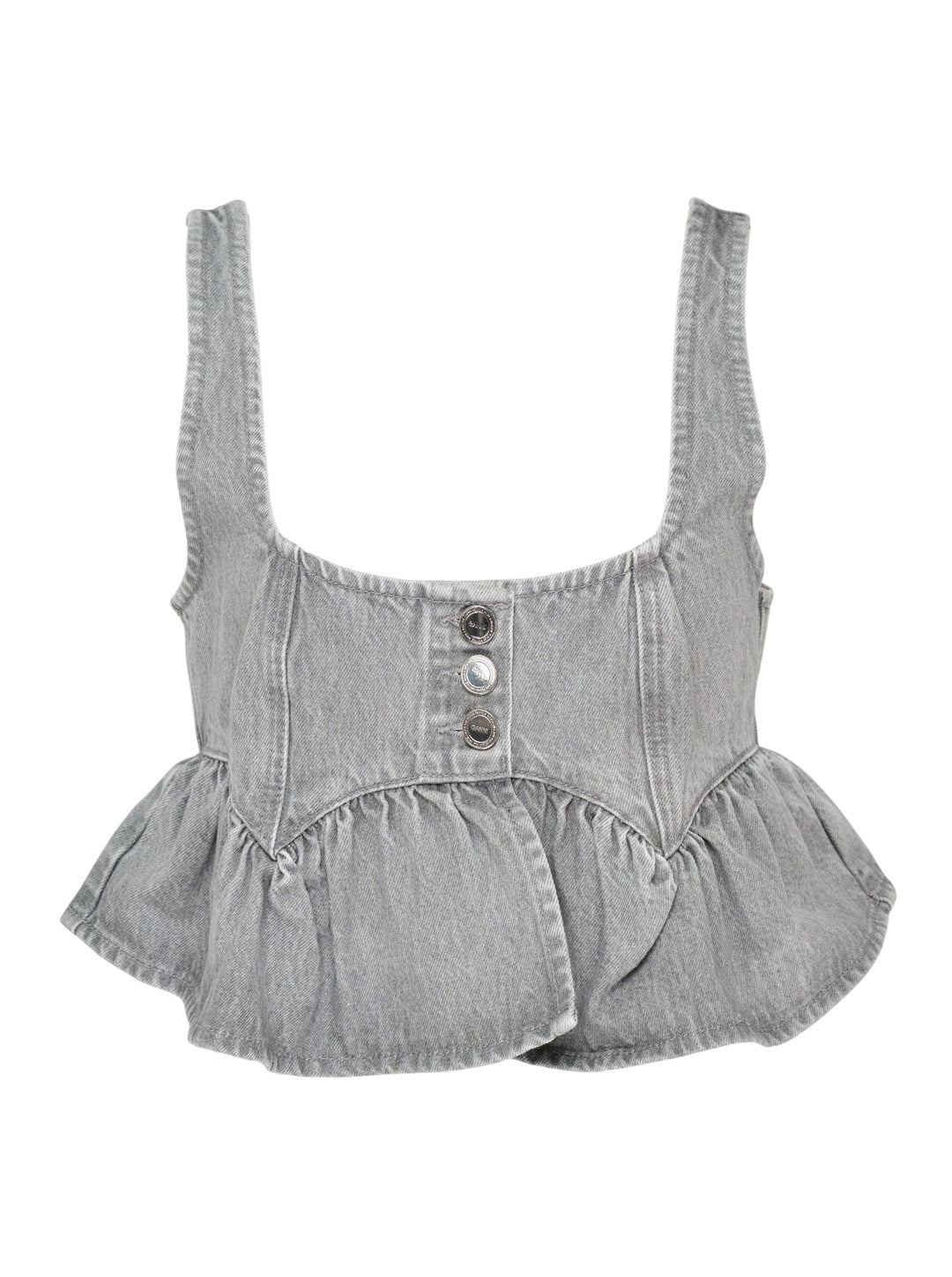 Ganni Rigid Denim Flounce Top in light grey wash, featuring a structured seamed bodice, three branded silver snap buttons at the centre front, wide shoulder straps, scoop neckline, and a gathered peplum ruffle hem