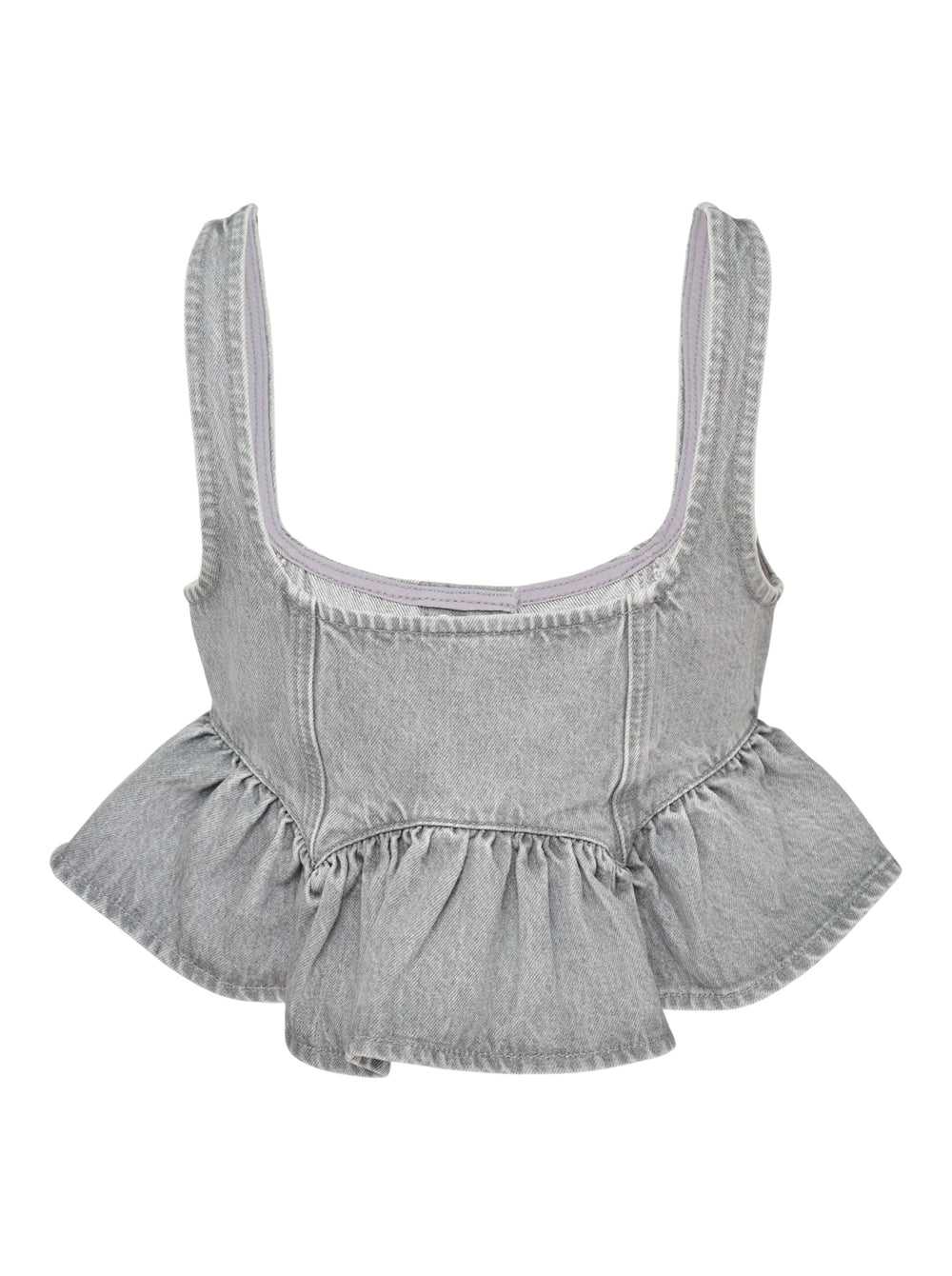 Ganni Rigid Denim Flounce Top in light grey wash, featuring a structured seamed bodice, three branded silver snap buttons at the centre front, wide shoulder straps, scoop neckline, and a gathered peplum ruffle hem - view 2