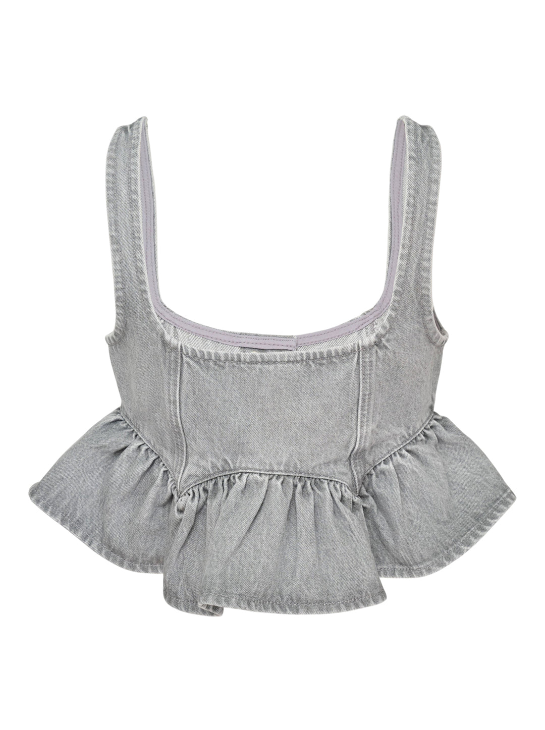 Ganni Rigid Denim Flounce Top in light grey wash, featuring a structured seamed bodice, three branded silver snap buttons at the centre front, wide shoulder straps, scoop neckline, and a gathered peplum ruffle hem - view 2