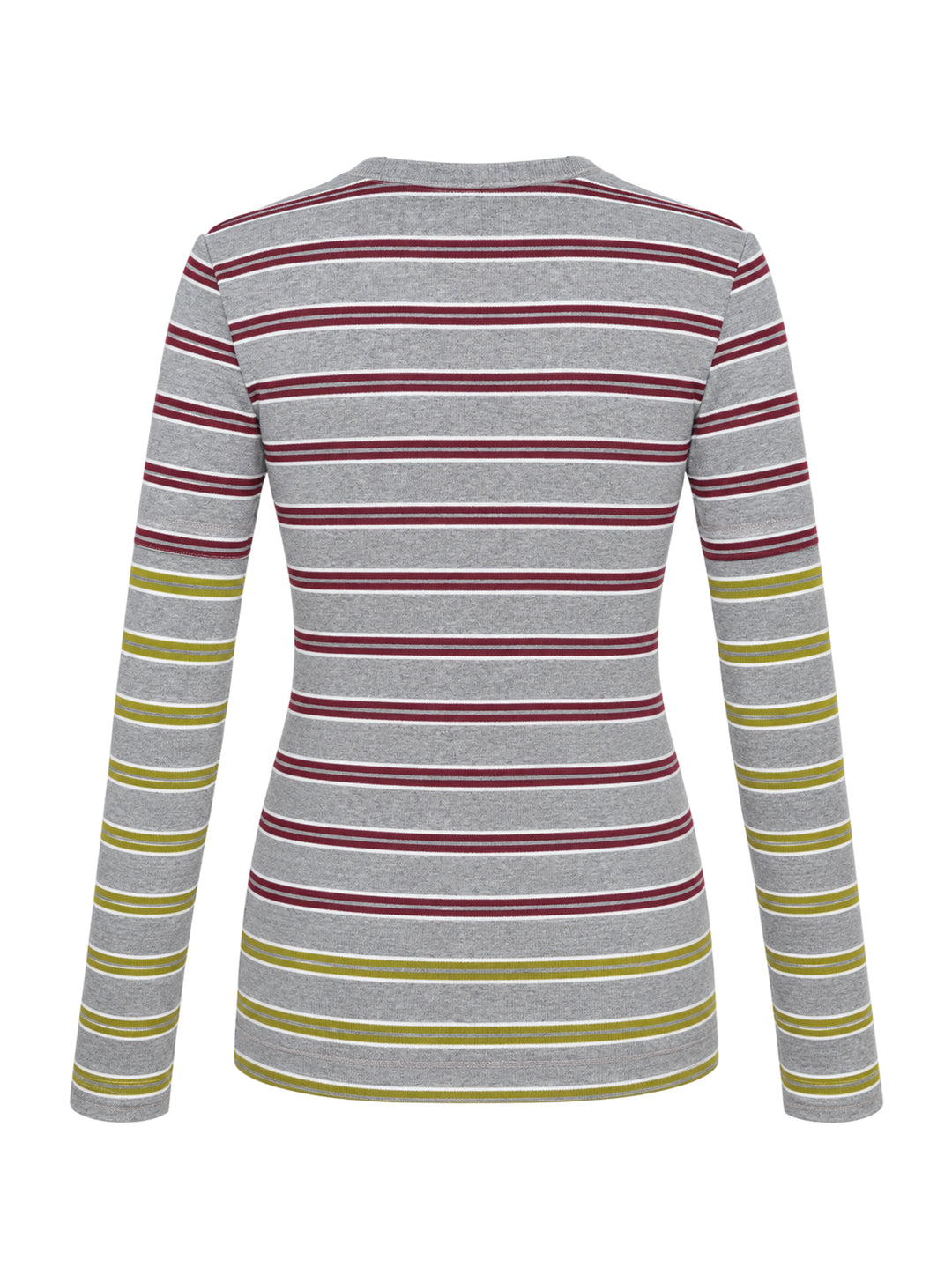 Ganni Soft Cotton Rib Long Sleeve Top in heathered grey with burgundy and olive-yellow horizontal stripes, featuring an embroidered Ganni logo on the chest and a round neckline - view 2