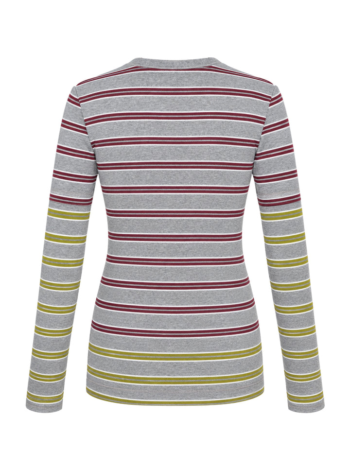 Ganni Soft Cotton Rib Long Sleeve Top in heathered grey with burgundy and olive-yellow horizontal stripes, featuring an embroidered Ganni logo on the chest and a round neckline - view 2