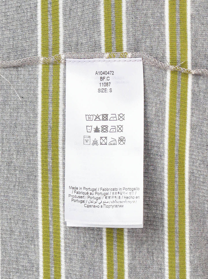 Ganni Soft Cotton Rib Long Sleeve Top in heathered grey with burgundy and olive-yellow horizontal stripes, featuring an embroidered Ganni logo on the chest and a round neckline - view 3