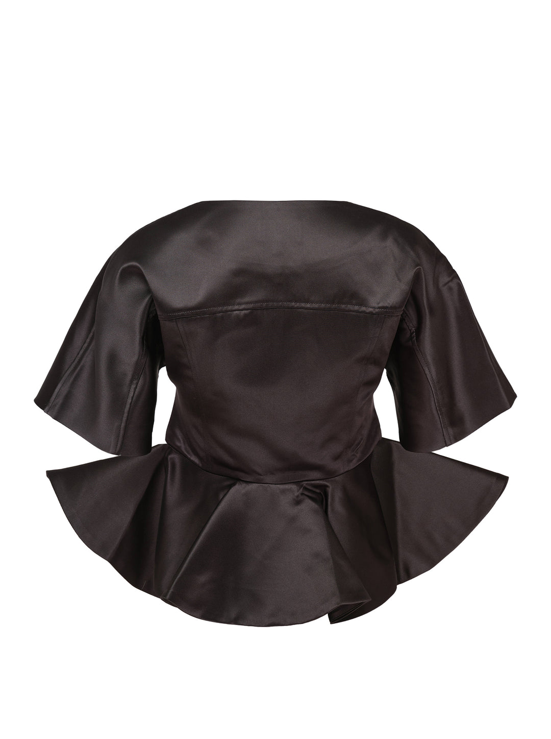 Ganni Duchesse Satin Peplum Zip Blouse in deep brown, displayed flat, featuring a full-length two-way zip, structured flared half-sleeves, and a dramatic fluted peplum hem - view 2