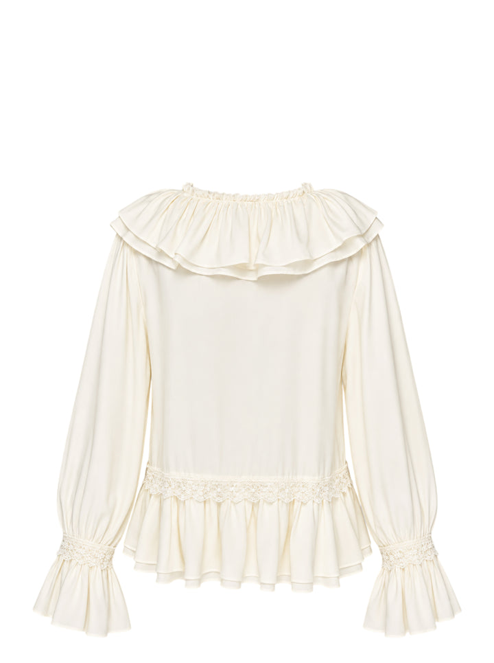 GANNI cream viscose silk habotai frill blouse with ruffled V-neckline, lace trims, peplum hem and flounced cuffs - view 2
