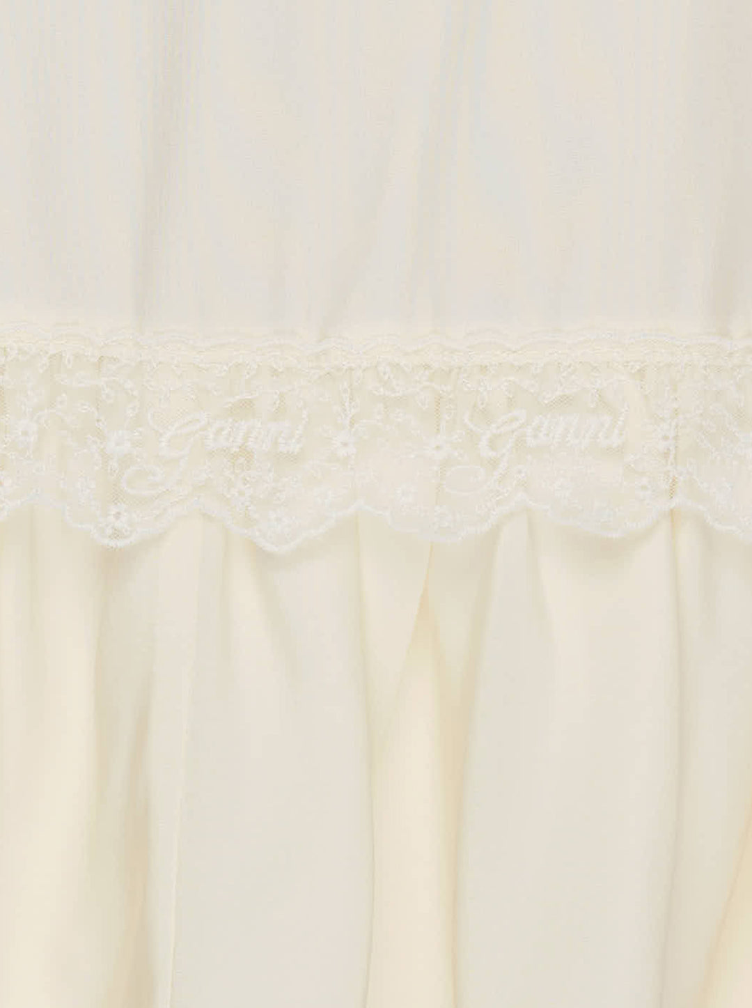 GANNI cream viscose silk habotai frill blouse with ruffled V-neckline, lace trims, peplum hem and flounced cuffs - view 3