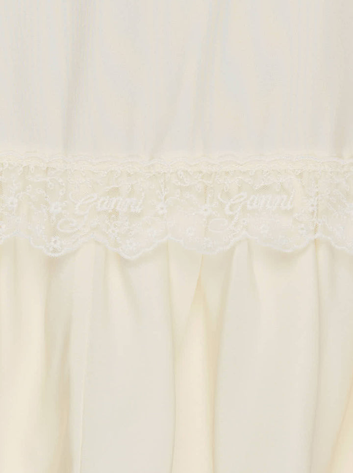 GANNI cream viscose silk habotai frill blouse with ruffled V-neckline, lace trims, peplum hem and flounced cuffs - view 3