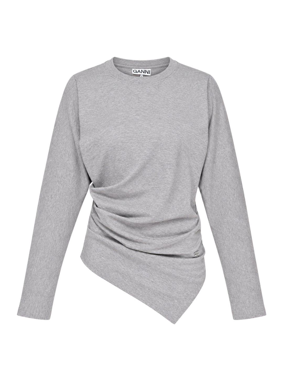 Ganni Heavy Stretch Cotton Draped Top in grey marl with long sleeves, crew neck, and asymmetric ruched waist detail