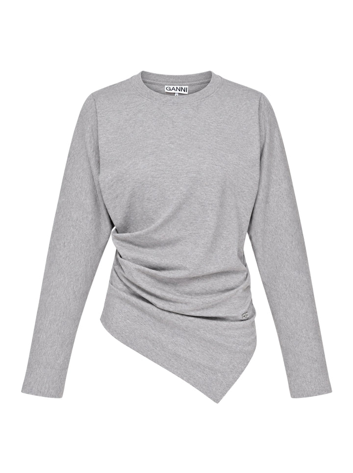 Ganni Heavy Stretch Cotton Draped Top in grey marl with long sleeves, crew neck, and asymmetric ruched waist detail