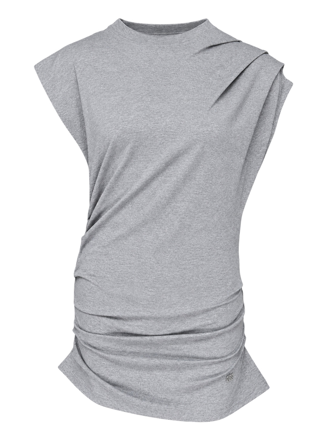 Ganni Stretch Heavy Jersey Draped Blouse in heather grey marl, featuring an asymmetric shoulder drape, mock neckline, cap sleeves, and gathered ruching at the hem
