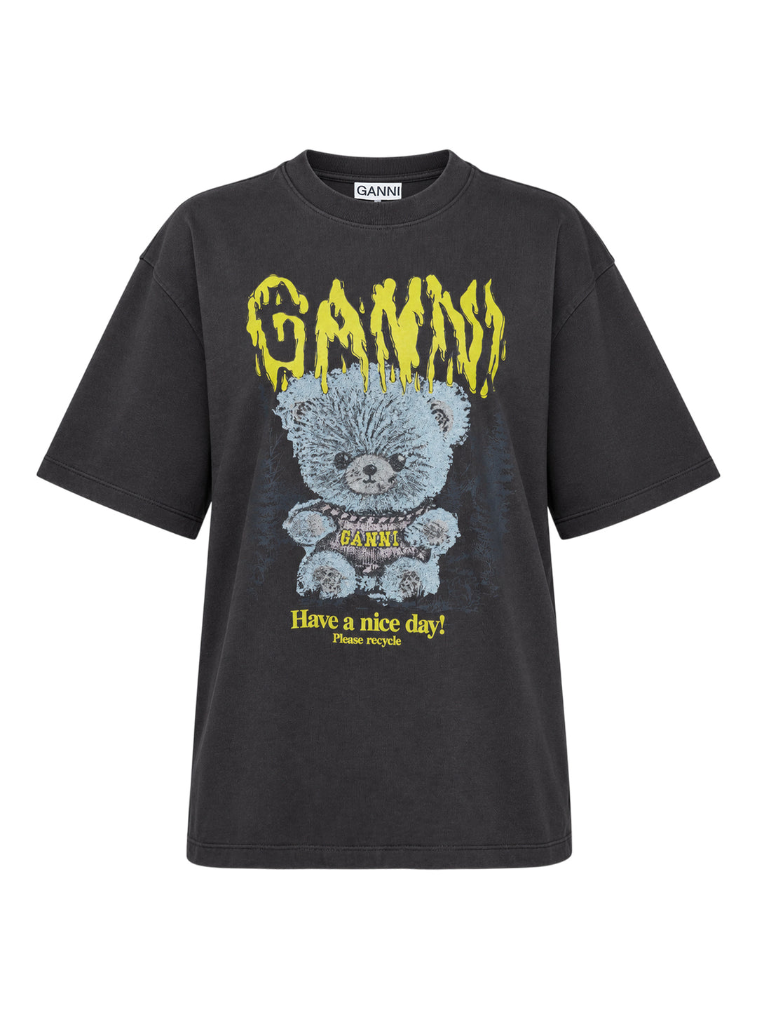 Ganni Heavy Cotton Forest Ted T-shirt in washed black, featuring a yellow drip-style Ganni logo above a teddy bear mascot graphic and 'Have a nice day! Please recycle' slogan print