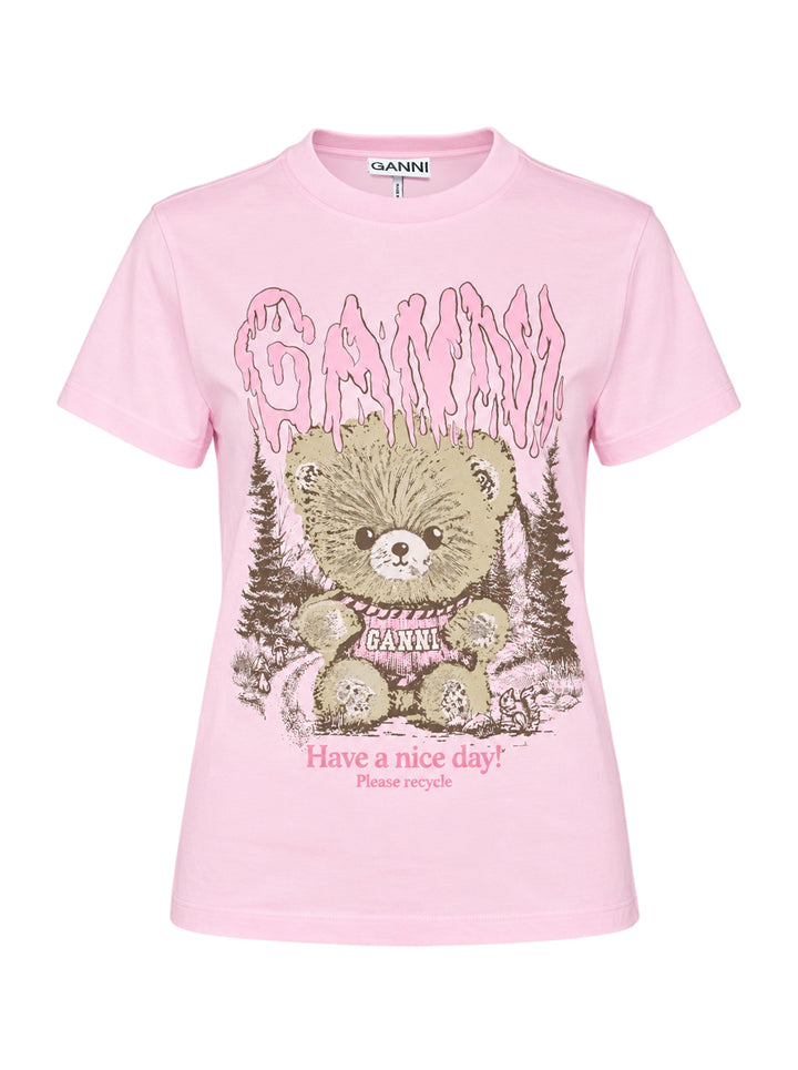 Ganni pink cotton jersey baby fit tee with dripping Ganni logo graphic, illustrated teddy bear in a forest scene, and 'Have a nice day! Please recycle' slogan print on the front