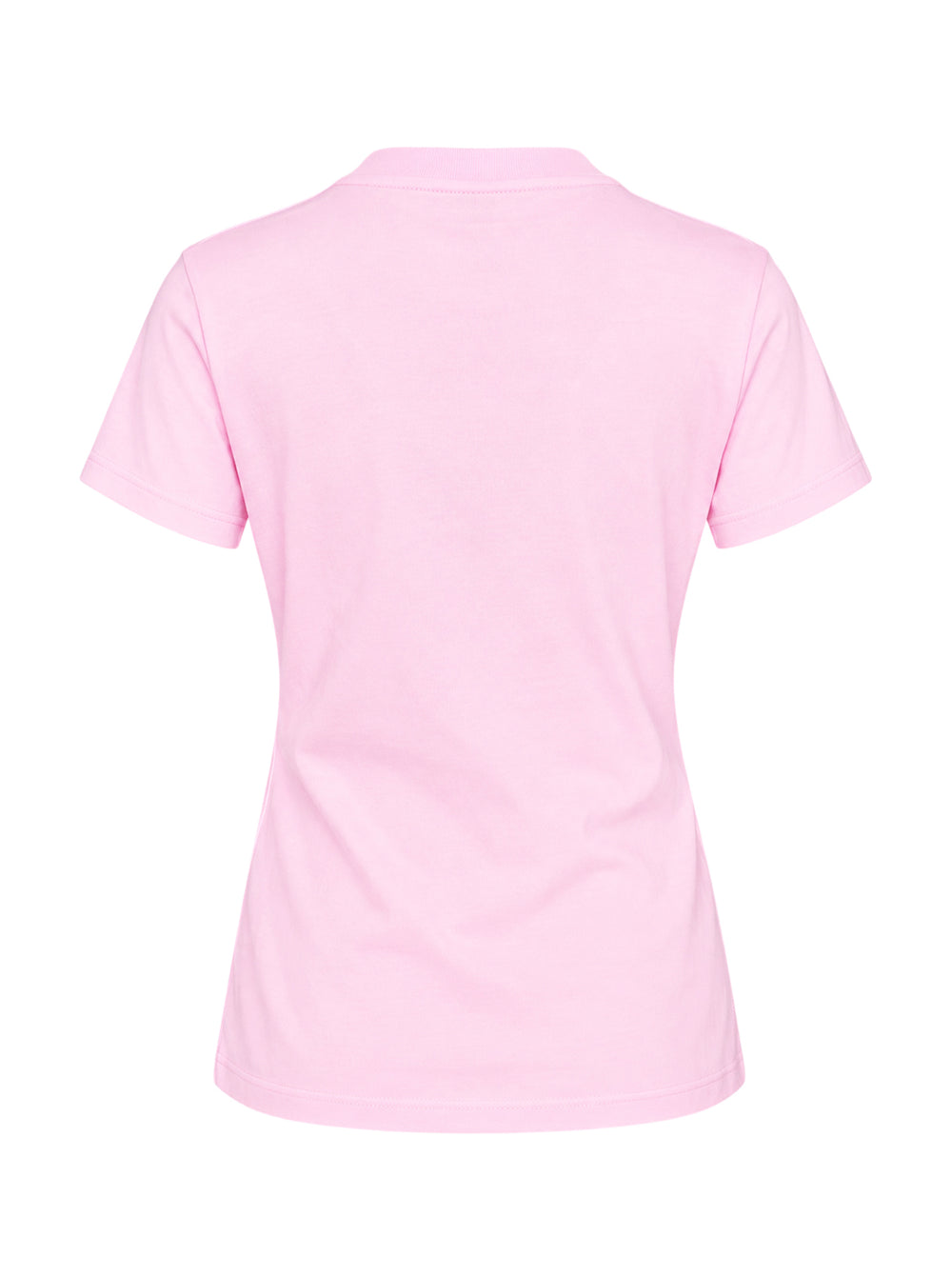Ganni pink cotton jersey baby fit tee with dripping Ganni logo graphic, illustrated teddy bear in a forest scene, and 'Have a nice day! Please recycle' slogan print on the front - view 2