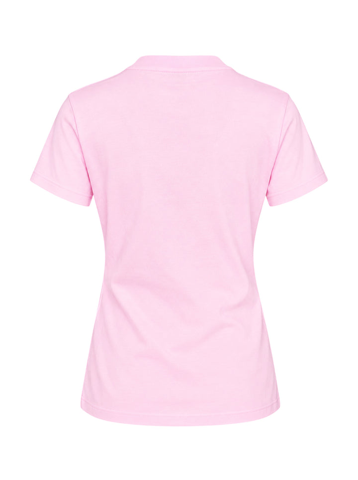 Ganni pink cotton jersey baby fit tee with dripping Ganni logo graphic, illustrated teddy bear in a forest scene, and 'Have a nice day! Please recycle' slogan print on the front - view 2