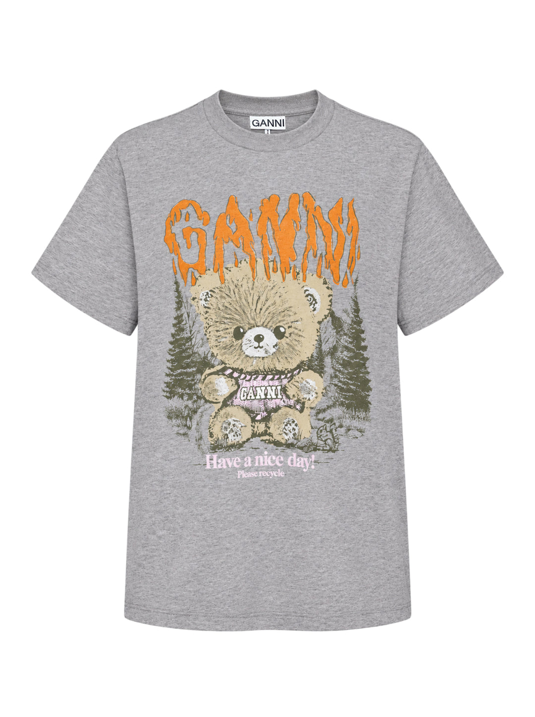 Ganni relaxed graphic cotton tee in heathered grey with orange flame-style Ganni logo, illustrated teddy bear holding a Ganni sign, pine forest motif, and 'Have a nice day! Please recycle' text on the front