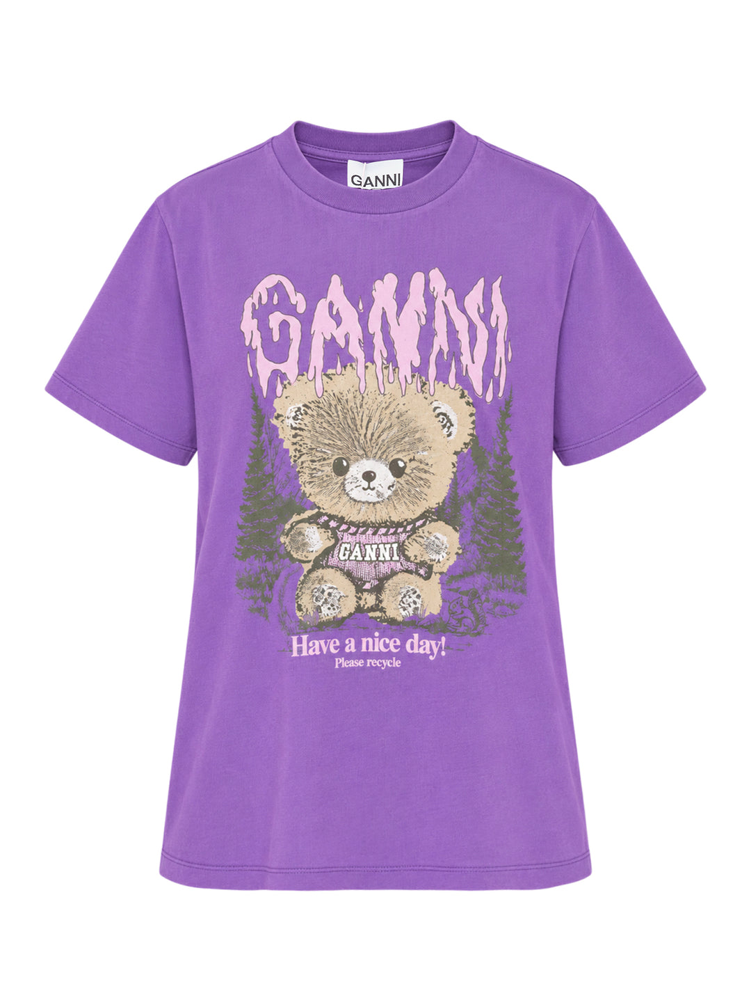 Ganni Future Heavy Relaxed Tee in purple with gothic pink dripping logo text and distressed teddy bear graphic holding a Ganni sign, set against a forest illustration, with 'Have a nice day! Please recycle' text below