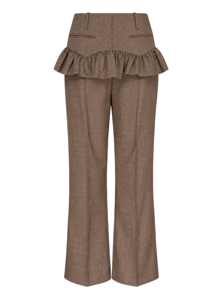 Brown wool melange high-waisted trousers with a ruffled peplum waist and flared leg by Ganni