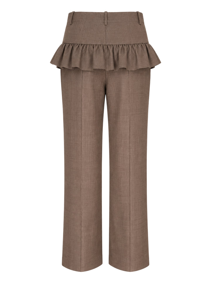 Brown wool melange high-waisted trousers with a ruffled peplum waist and flared leg by Ganni - view 2