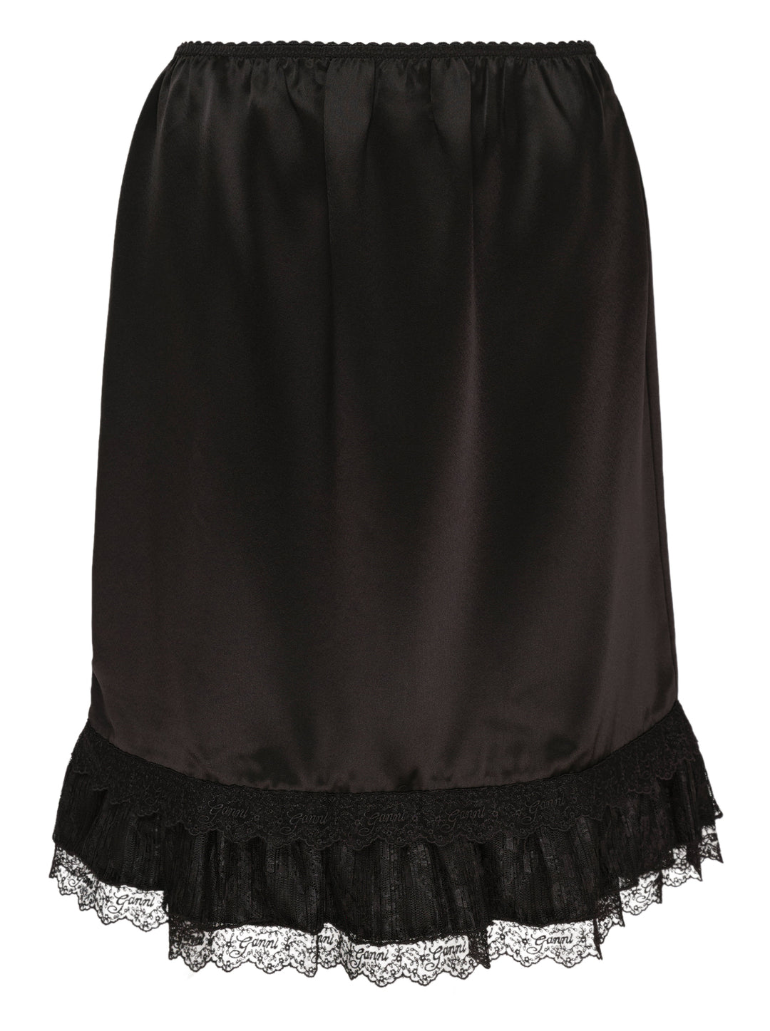 Ganni black fluid satin knee-length slip skirt with elasticated waist and tiered logo-embroidered lace frill hem