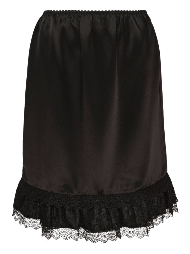 Ganni black fluid satin knee-length slip skirt with elasticated waist and tiered logo-embroidered lace frill hem