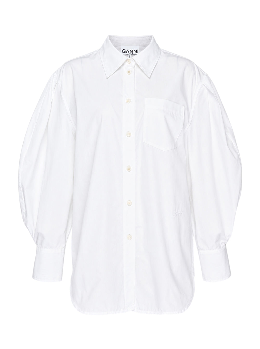 Ganni Compact Poplin Pleated Sleeve Shirt in white, featuring voluminous gathered sleeves, button-front placket with pearlescent buttons, and a patch chest pocket