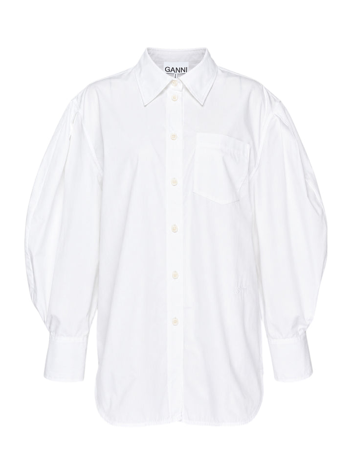 Ganni Compact Poplin Pleated Sleeve Shirt in white, featuring voluminous gathered sleeves, button-front placket with pearlescent buttons, and a patch chest pocket