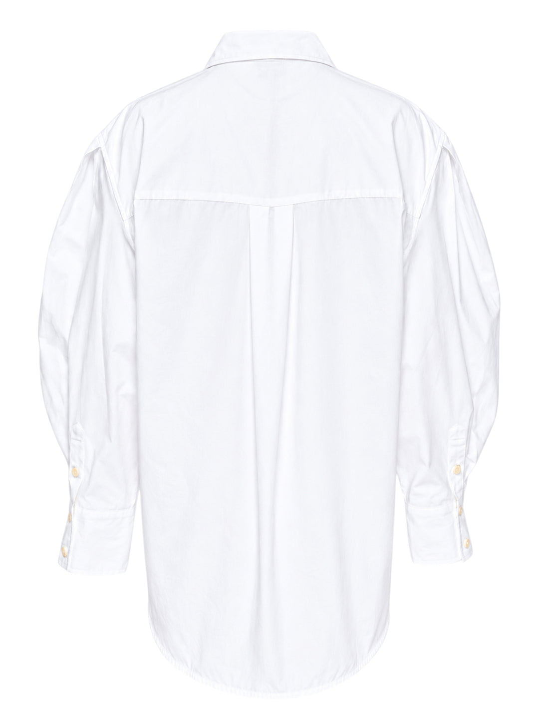 Ganni Compact Poplin Pleated Sleeve Shirt in white, featuring voluminous gathered sleeves, button-front placket with pearlescent buttons, and a patch chest pocket - view 2