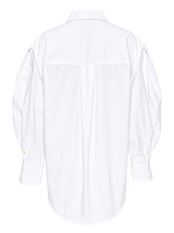 Ganni Compact Poplin Pleated Sleeve Shirt in white, featuring voluminous gathered sleeves, button-front placket with pearlescent buttons, and a patch chest pocket - view 2