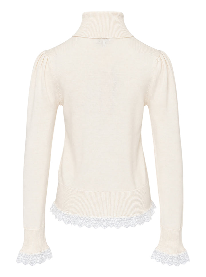 Ganni ivory merino wool turtleneck with puff sleeves, fluted lace-trimmed cuffs, and white lace frill hem detail, product flat lay on white background - view 2
