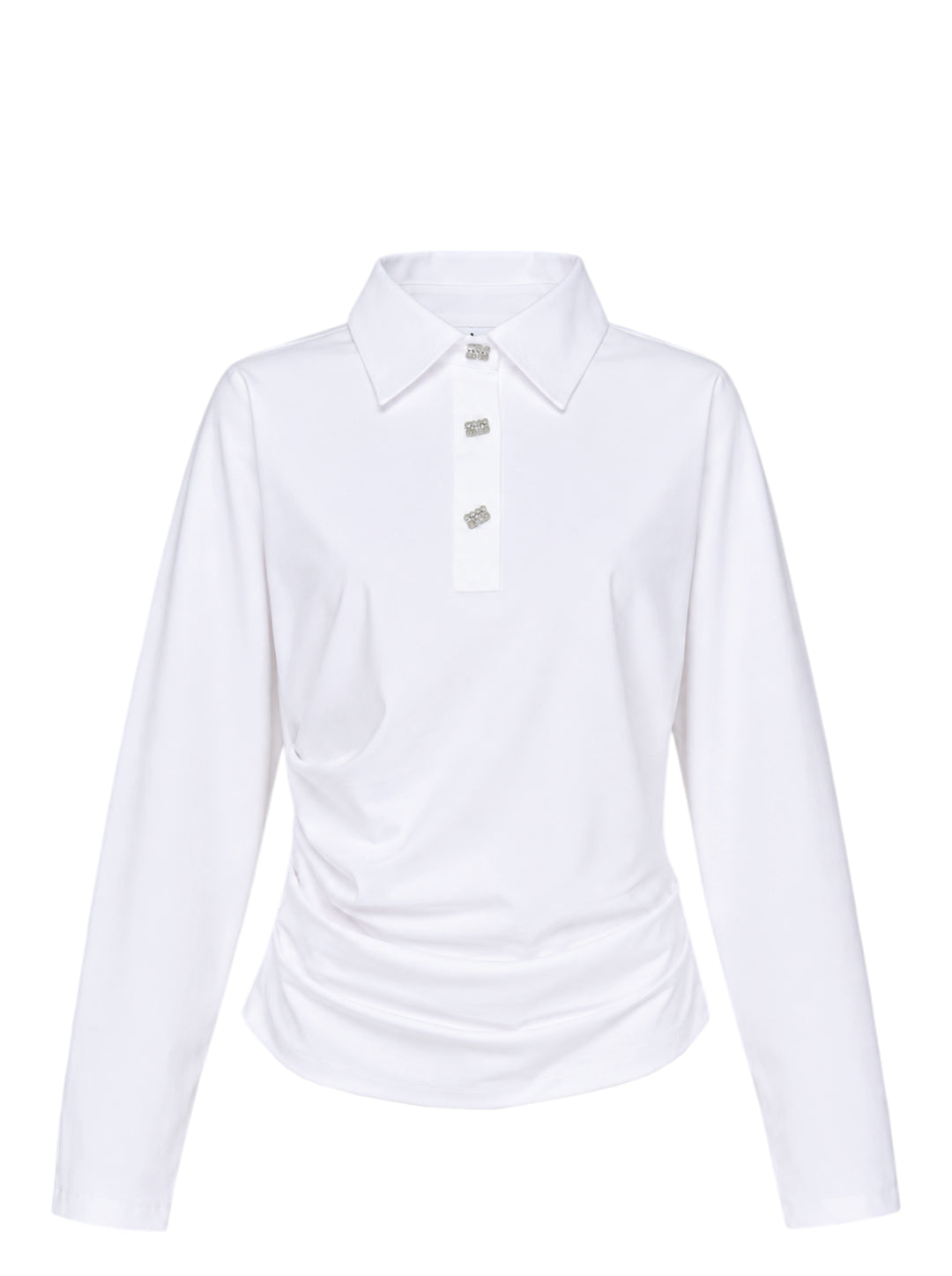White long sleeve polo top with pointed collar, crystal buttons and ruched side draping