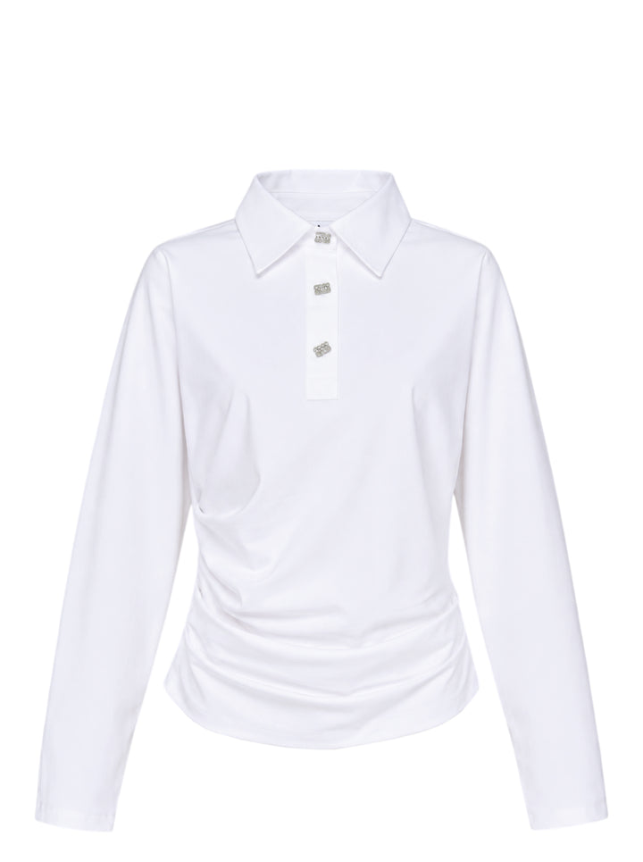 White long sleeve polo top with pointed collar, crystal buttons and ruched side draping