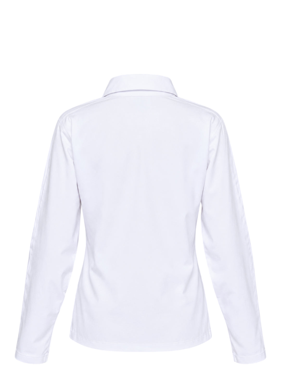 White long sleeve polo top with pointed collar, crystal buttons and ruched side draping - view 2