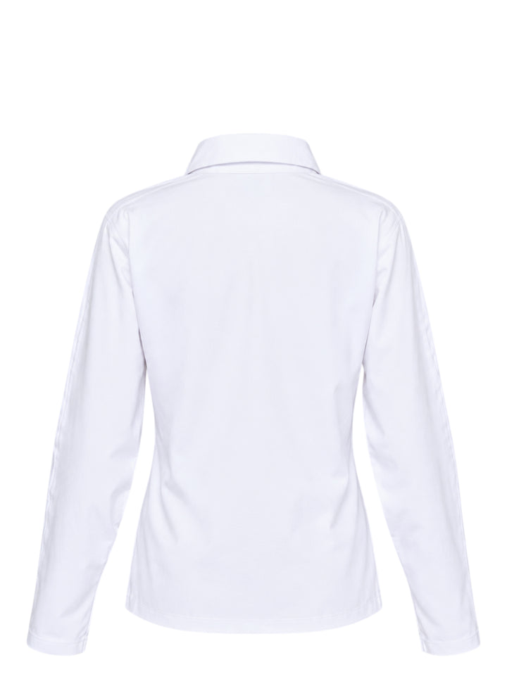 White long sleeve polo top with pointed collar, crystal buttons and ruched side draping - view 2