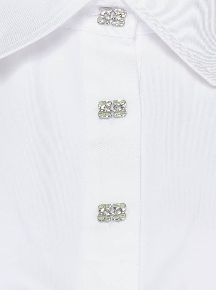 White long sleeve polo top with pointed collar, crystal buttons and ruched side draping - view 3