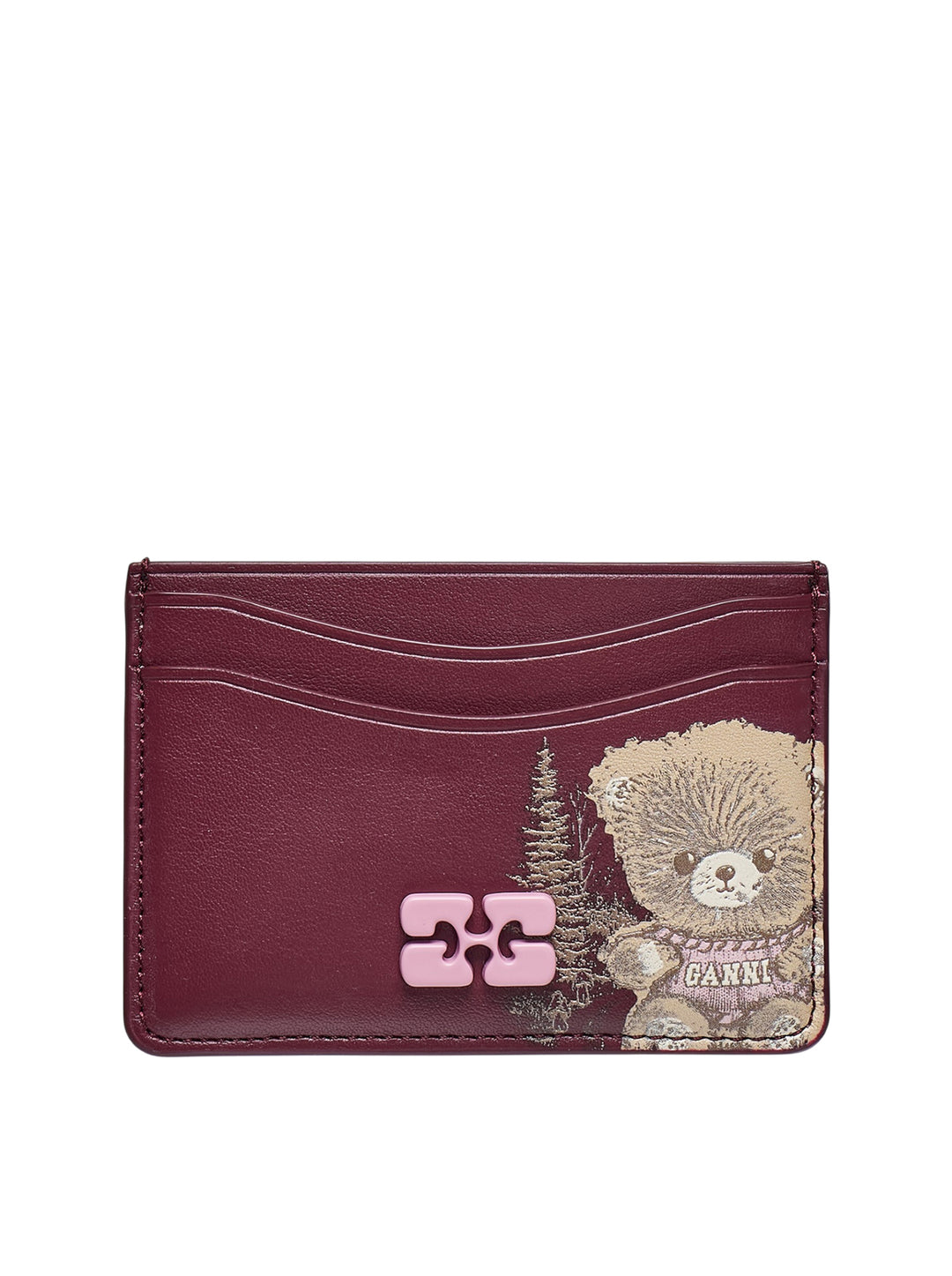 Ganni Bou Printed Card Holder in burgundy leather with Bou Bear forest illustration and pink butterfly resin hardware, front view