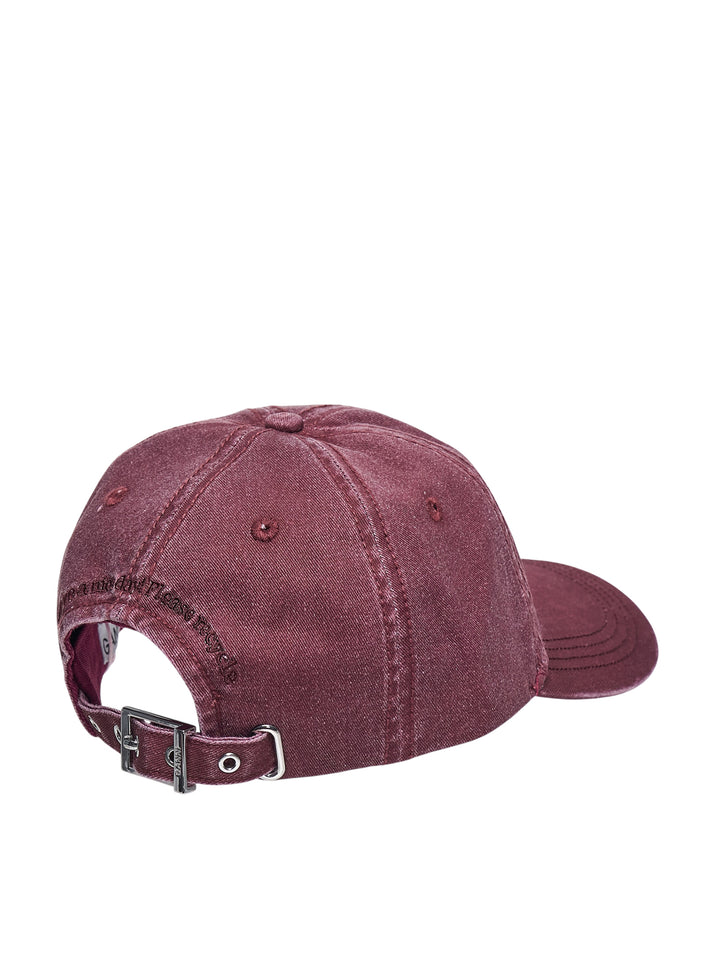 Ganni washed cotton baseball cap in burgundy with tonal arched logo embroidery and hand-drawn script and floral motif details on the front panel - view 3