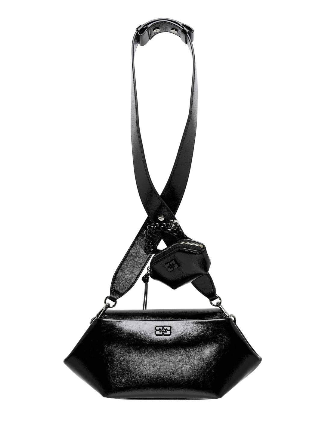 Ganni Bou East/West Box crossbody bag in glossy black with wide crossed strap, braided charm and detachable mini zip pouch