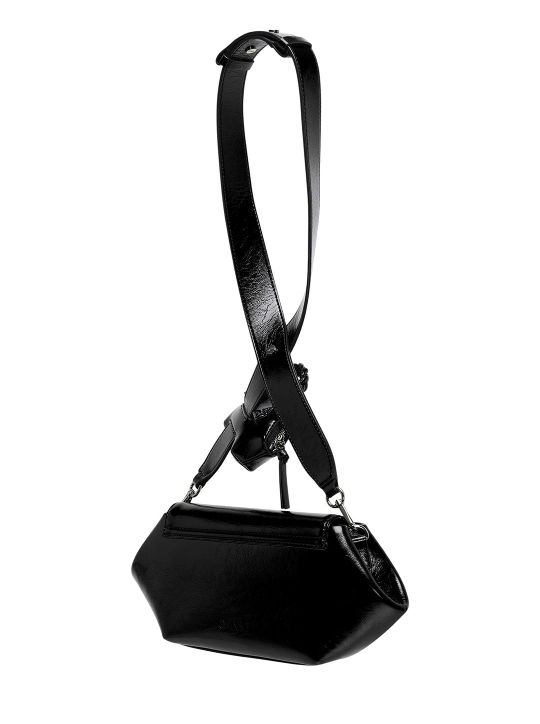 Ganni Bou East/West Box crossbody bag in glossy black with wide crossed strap, braided charm and detachable mini zip pouch - view 2