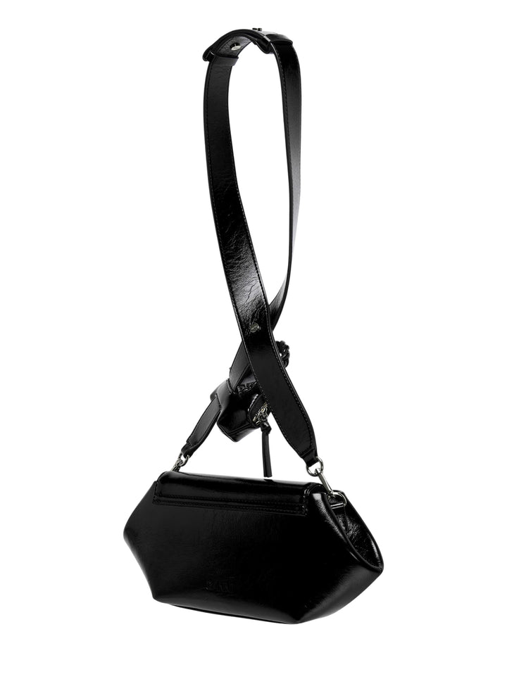 Ganni Bou East/West Box crossbody bag in glossy black with wide crossed strap, braided charm and detachable mini zip pouch - view 2