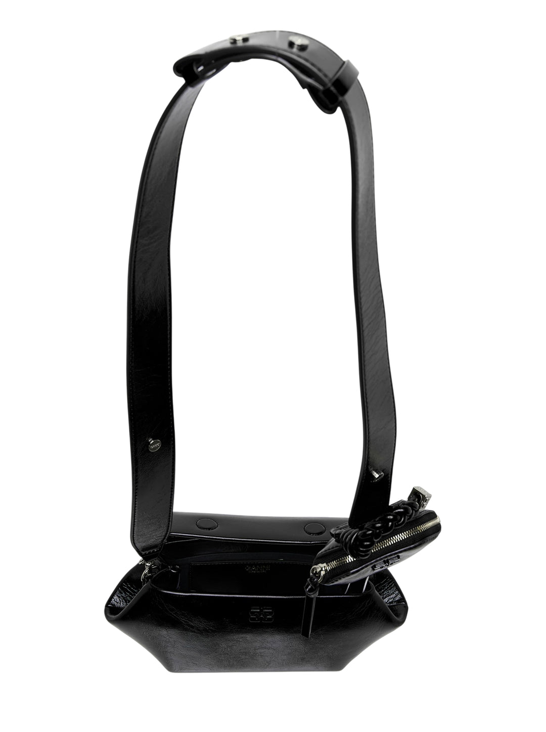 Ganni Bou East/West Box crossbody bag in glossy black with wide crossed strap, braided charm and detachable mini zip pouch - view 3