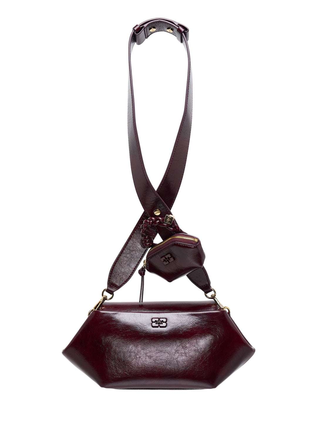 GANNI Bou East/West crossbody bag in glossy deep-burgundy with crossover strap, braided knot detail and attached mini zip pouch
